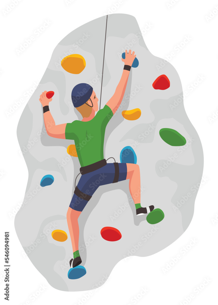 Mountain climbing person. Climber men on rock mountain with equipment. Extreme outdoor sports. Man overhang from rock