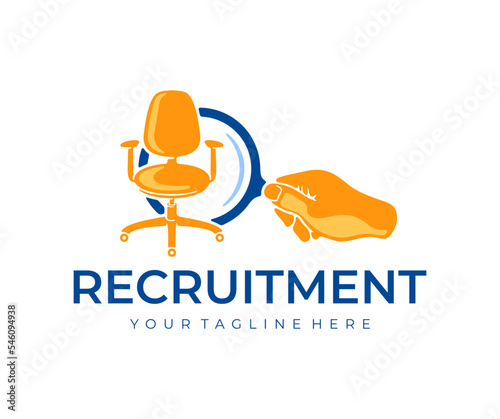Recruitment, office chair, hand holding a magnifying glass, logo design. Recruitment agency, job interviews, employment and recruit, CVs and resumes, vector design and illustration.