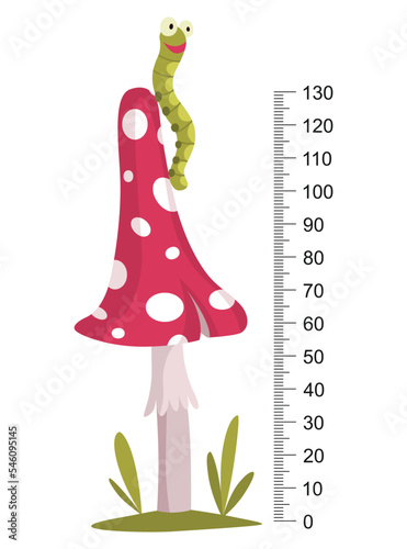 Height measure with growth ruler chart with cute cartoon caterpillar on toadstool. Funny kids meter, wall scale from 0 to 130 centimeter, measure growth. Children room wall sticker as interior decor