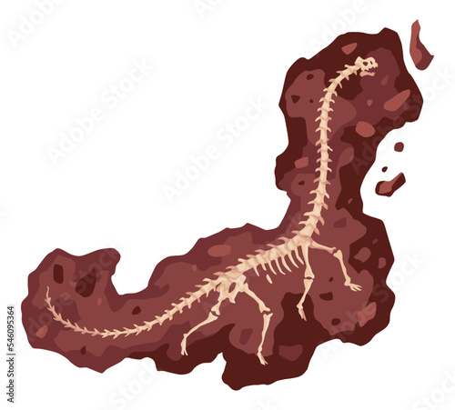Dinosaur skeleton bone, fossil excavation of archeology isolated. Prehistoric reptile skeleton lying underground. Paleontological artifacts. Archaeological find