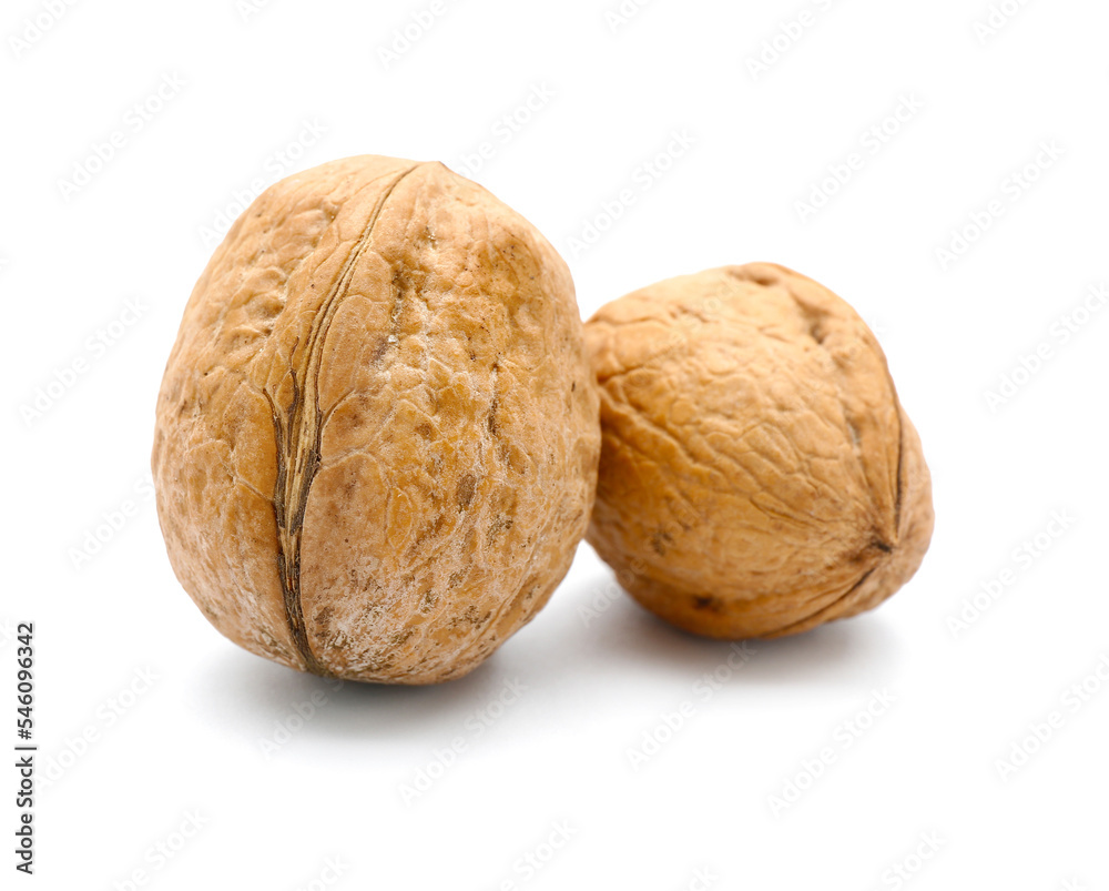 Whole fresh walnuts on white background