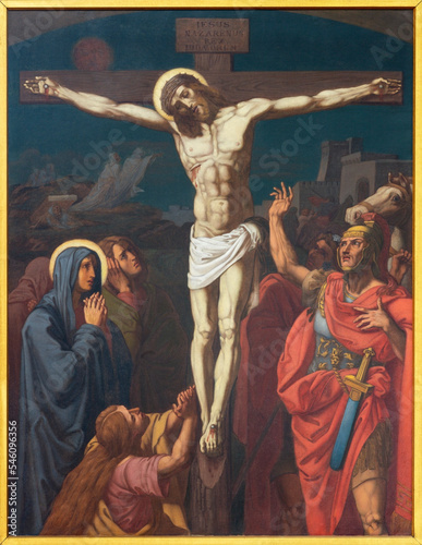 LUZERN, SWITZERLAND - JUNY 24, 2022: The painting of Crucifixion as part of Cross way stations in the church Franziskanerkirche from 19. cent.