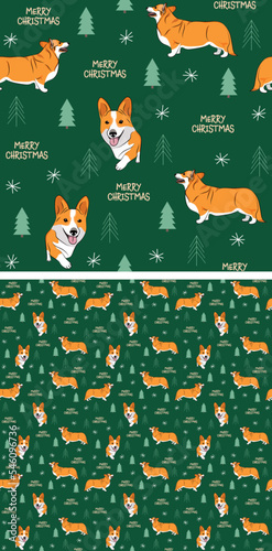 Seamless Corgi dog pattern, holiday texture. Square format, t-shirt, poster, packaging, textile, textile, fabric, decoration, wrapping paper. Trendy hand-drawn dogs wallpaper. Holiday background.