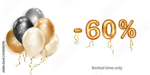 Discount creative illustration with white, black and gold helium flying balloons and golden foil numbers. 60 percent off. Sale poster with special offer on white background