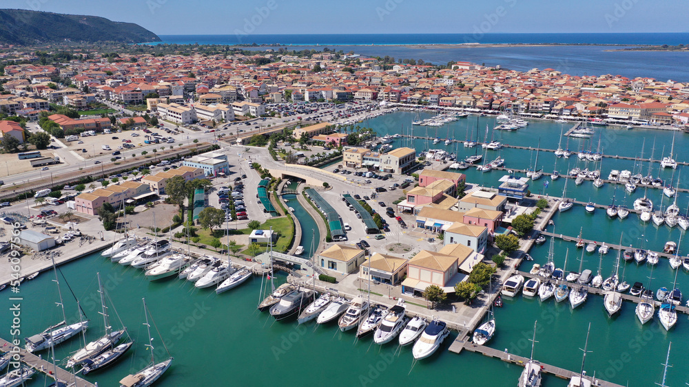 Aerial drone photo of famous marina of Lefkada island town with anchored yachts and sailboats, Ionian, Greece