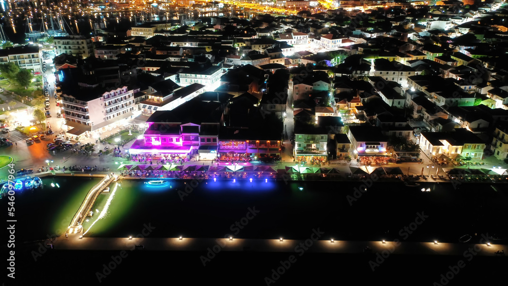 Obraz premium Aerial drone night shot of beautiful main town of Lefkada island, Ionian, Greece