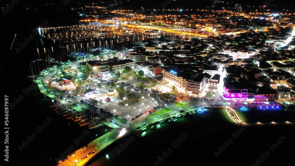 Aerial drone night shot of beautiful main town of Lefkada island, Ionian, Greece