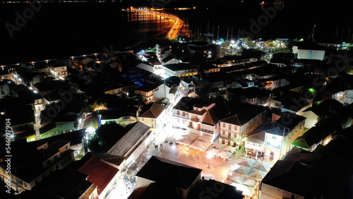 Aerial drone night shot of beautiful main town of Lefkada island, Ionian, Greece