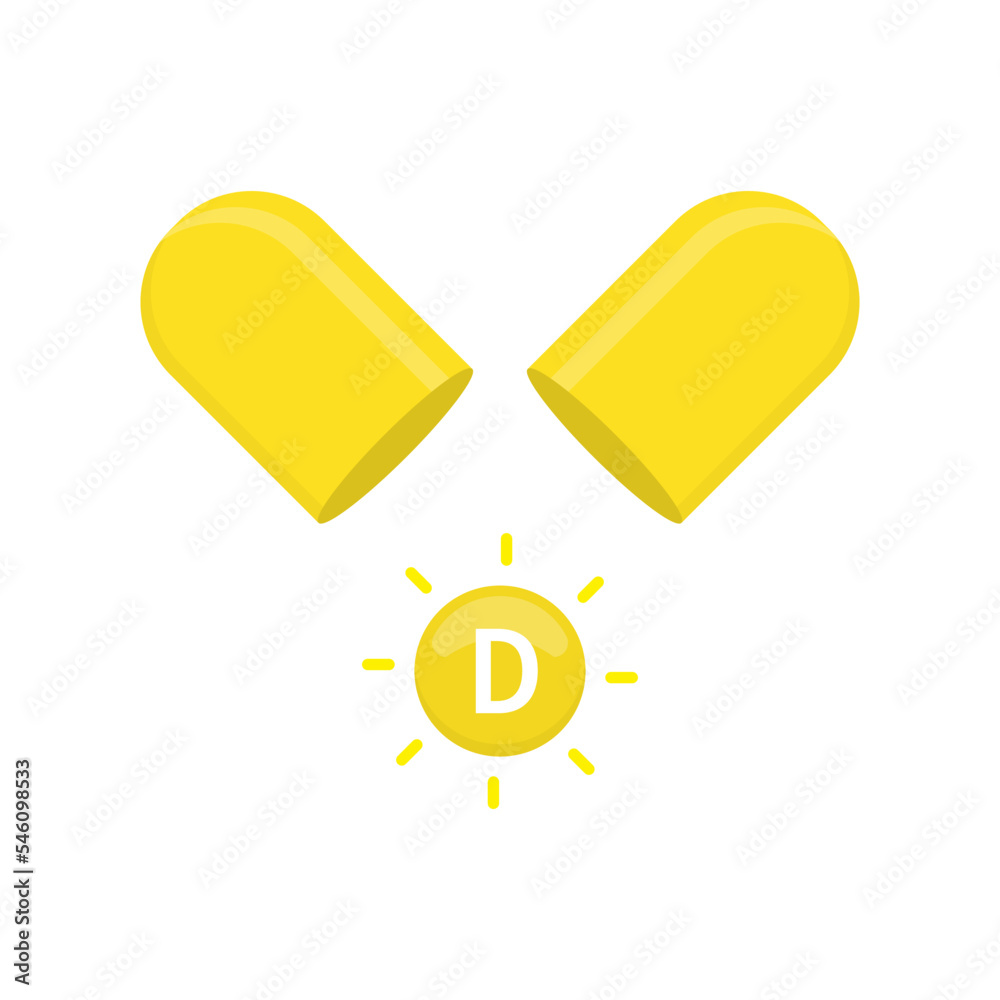 Capsule and vitamin D flat vector illustration isolated on white background
