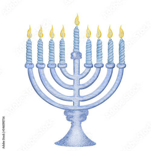 Menorah candles. Hand drawn Watercolor Menorah in blue color. Isolated on transparent background. Design for a Jewish holidays greeting cards