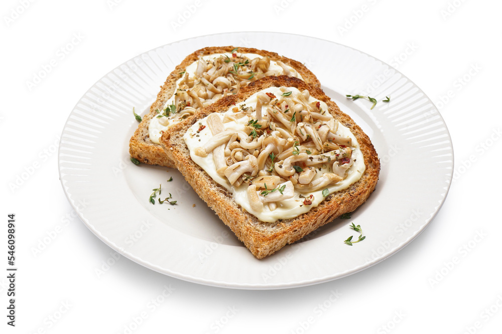 Plate of tasty toasts with cream cheese, mushrooms and thyme on white background