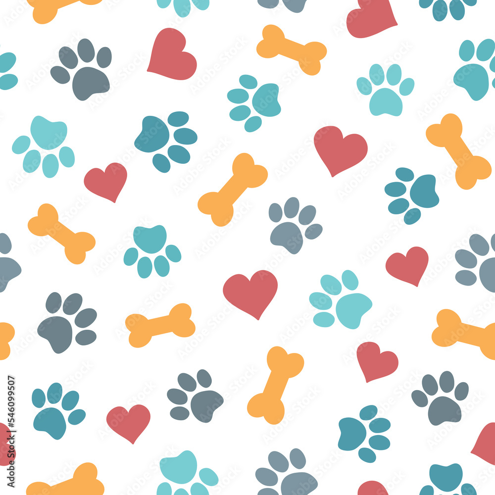 Cute seamless pattern with pets paws, bones and hearts. Vector ...