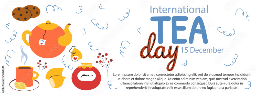 International tea day horizontal background vector illustration. Tea accessories, cup with hot drink, lemon, jam and chocolate cookies. Warm colors Flat cartoon style 