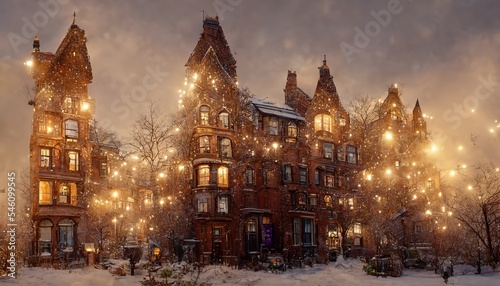 Christmas eve in the big city, golden lights, brownstones buildings 