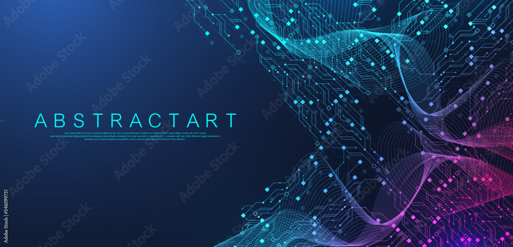 Quantum computer technologies concept. Futuristic blue circuit board background vector. Modern technology circuit board texture background design. Waves flow. Quantum explosion technology. - obrazy, fototapety, plakaty 
