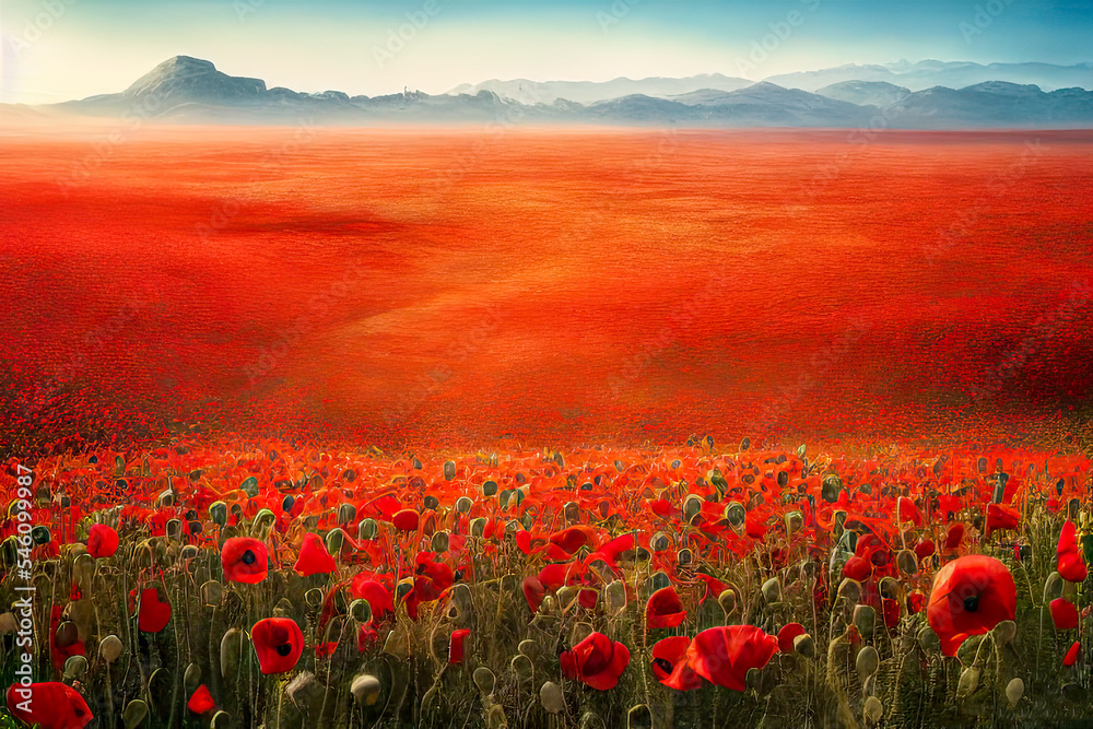 beautiful landscape of red poppies in bloom. Illustration. Digital matte painting - obrazy, fototapety, plakaty 