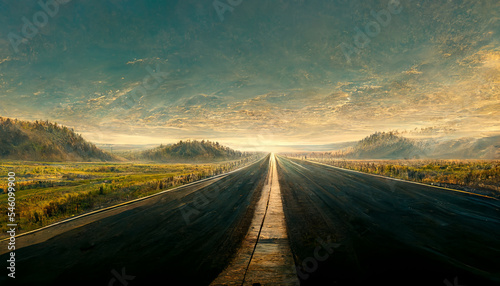 Long strait highway landscape going to horizon sunrise Background illustration, digital matte painting photo