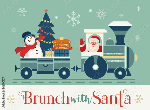 Brunch with Santa Festive Holiday fancy vector poster. Santa deliver pancakes in retro train. Funny breakfast Christmas kids enjoy. New Year eve festive menu invitation background cartoon illustration