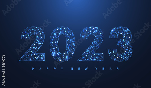 Modern futuristic technology template for Merry Christmas and Happy New Year 2023 with connected lines and dots. Plexus geometric effect. Global network connection. Vector illustration.