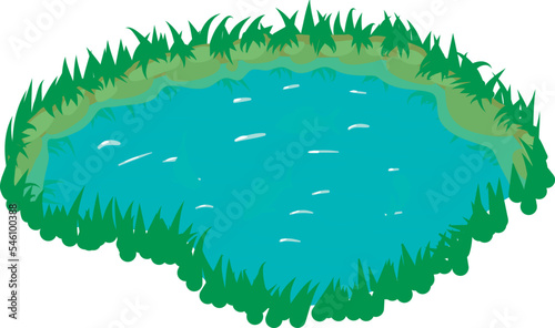 Natural lake icon isometric vector. Small blue lake with swimming fish icon. Nature, environment, ecosystem
