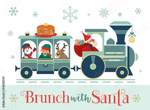 Brunch with Santa Fancy Festive vector flat poster. Cute Santa deliver pancakes in retro train. Fun breakfast Christmas kids enjoy. New Year eve festive menu invitation background cartoon illustration