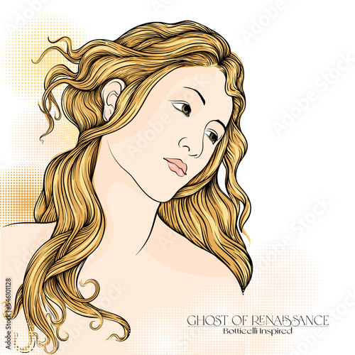 Portrait of a woman inspired by a painting by Renaissance artist Botticelli Spring. Outline hand drawing vector illustration.
