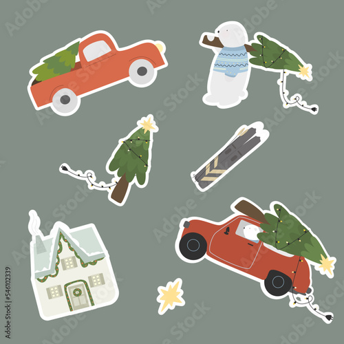 Stickers on a New Year's theme, a red car with a Christmas tree, New Year's decor