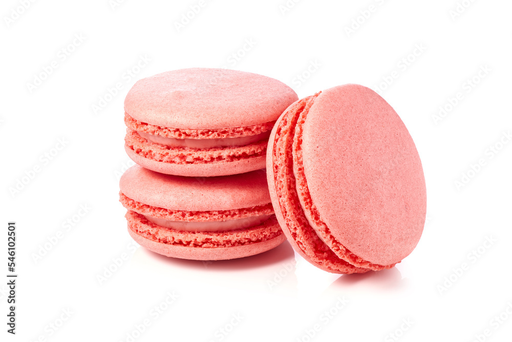 Three pink macaroons on white background Three pink macaroons on white background