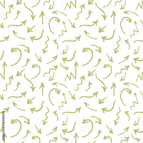 Hand drawn seamless pattern green arrow illustration on white background. Great for label, print, packaging, fabric.