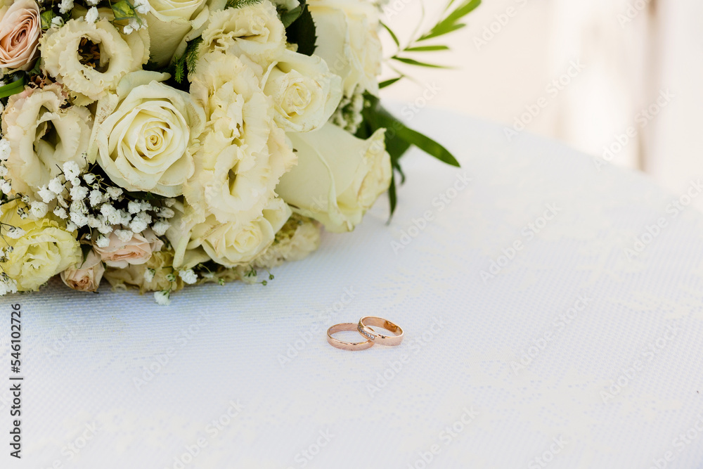 Wedding bouquet and rings close-up. Wedding bouquet and rings close-up.