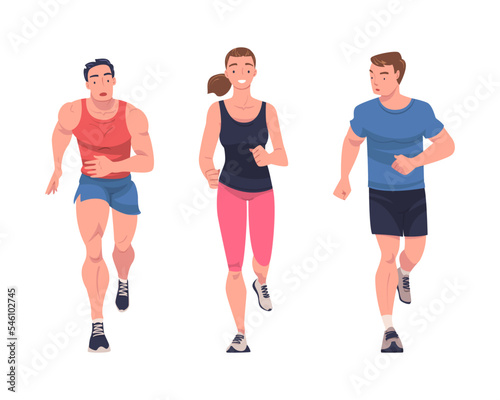 Man and Woman Character Running in Sportswear and Trainers Engaged in Sport Training and Workout Vector Set