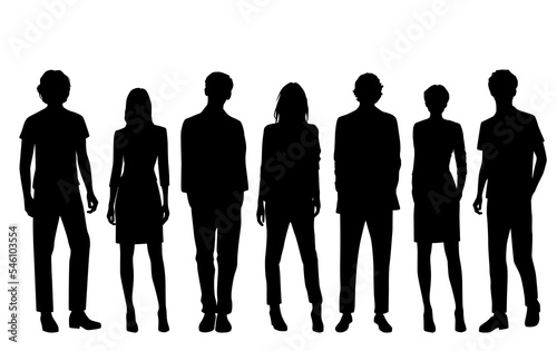 Vector silhouettes of men and a women, a group of standing business people, profile, black color isolated on white background