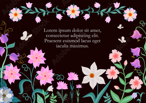 Beautiful template for a horizontal floral card with white, pink and purple garden flowers and fluttering butterflies on a black background. Abstract text "lorem ipsum".