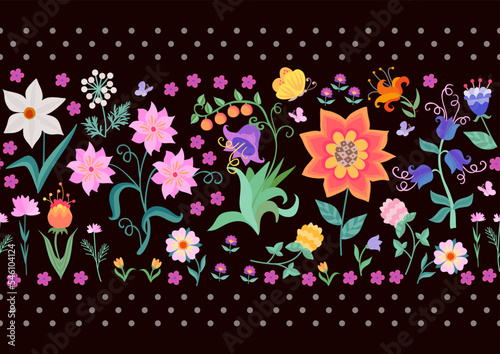 Seamless horizontal border with colorful flowers, butterflies and green leaves and gray polka dots on a deep black background. Beautiful print for fabric in vector.