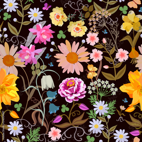 Seamless layered fabric pattern with bright garden flowers and fluttering butterflies on a black background. Romantic summer vector print.