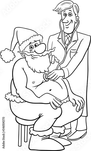 cartoon Santa Claus at the doctor examination coloring page