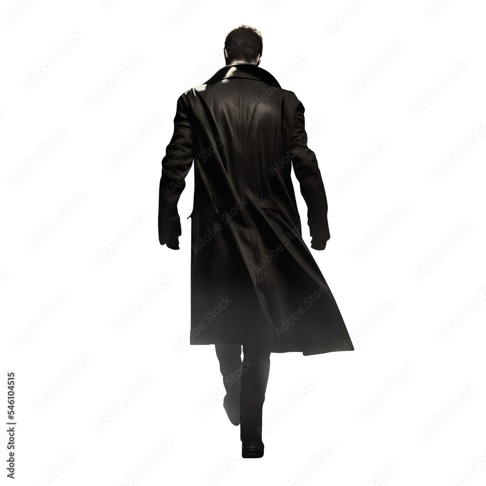 Man walking away wearing a black trench coat. Black leather coat. Handsome mysterious man back view. Transparent background. Isolated clipping path.  - obrazy, fototapety, plakaty 