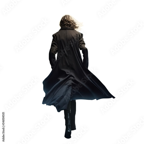 Woman walking running away wearing a black trench coat. Black leather trench coat. Pretty blonde mysterious woman back view. Transparent background. Isolated clipping path.  photo