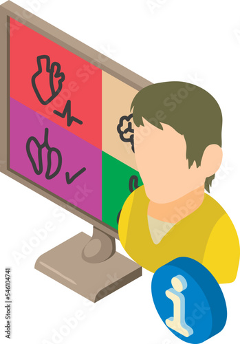 Organ diagnostic icon isometric vector. Man near screen and internal organ image. Complete medical check up