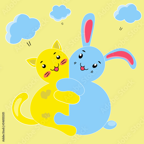 Cat and bunny embrace as friends