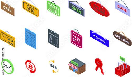 Shop opening hours icons set isometric vector. Store time. Open mall