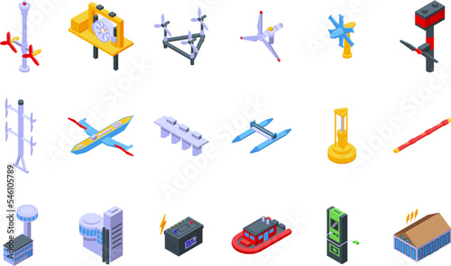 Tidal energy icons set isometric vector. Green ecology. Electric recycle photo