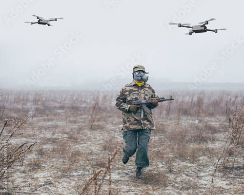 warrior with gun and drones attacking and running