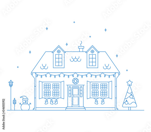 Neighborhood line art Christmas illustration with house.