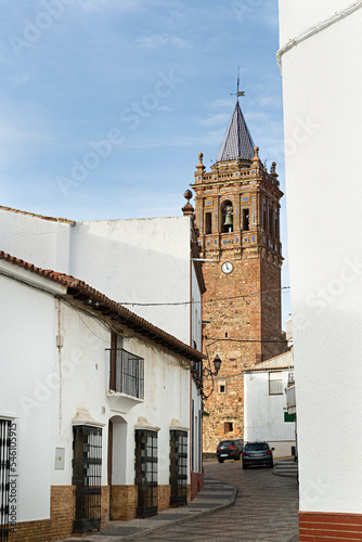 Calle de Zalamea la Real con iglesia de Ntra. Sra. de la Asunción Huelva photo