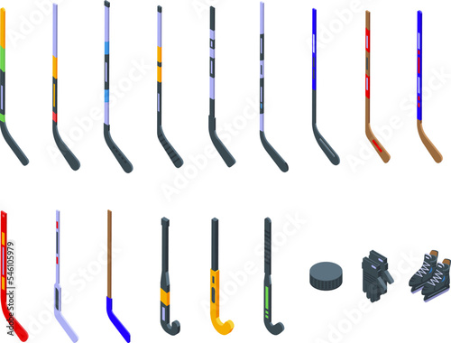 Hockey stick icons set isometric vector. Field ball. Ice sport