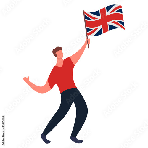 Happy guy england flag.Man with flag in pole of great britain.United Kingdom flag holding in hand.Patriot of BritainIsolated on white background.Vector flat illustration.