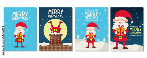 Set of Christmas cards. Happy New Year and Merry Christmas greetings cute Santa Claus