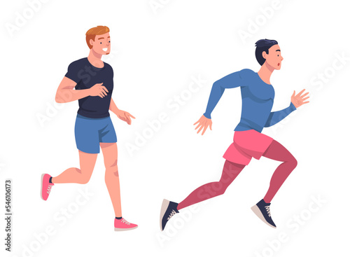 Man Character Running in Sportswear and Trainers Engaged in Sport Training and Workout Vector Set © topvectors