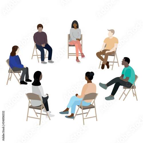 Group psychotherapy, men and women of different nationalities sit on chairs arranged in a circle, group psychotraining, flat vector, isolate on white